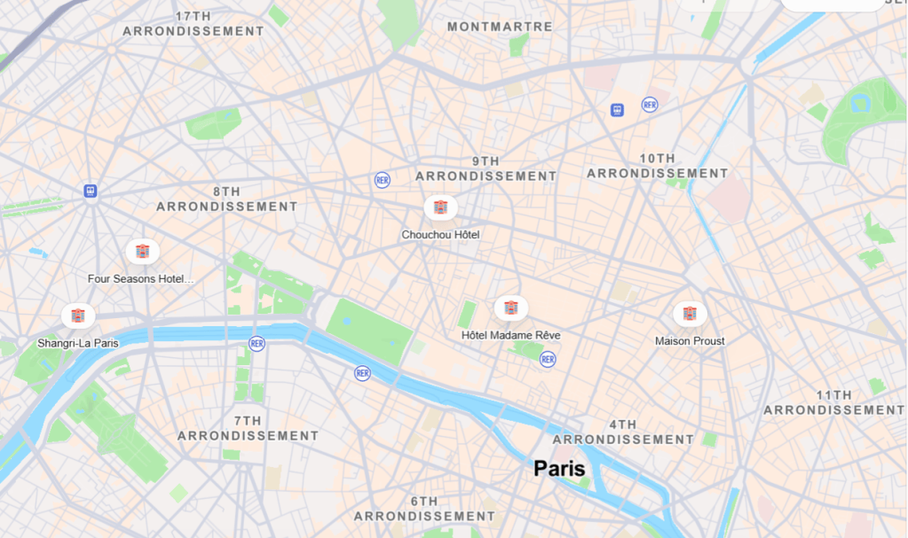 Map of Paris highlighting various arrondissements and landmark hotels.