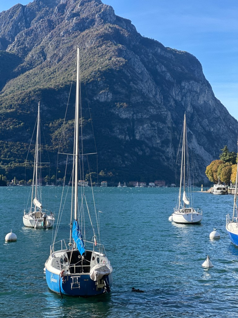 A scenic view of a calm lake with several sailboats anchored, surrounded by steep mountains and lush greenery. One sailboat in the foreground has a blue flag and a black hull, while others float in the background against a clear blue sky.