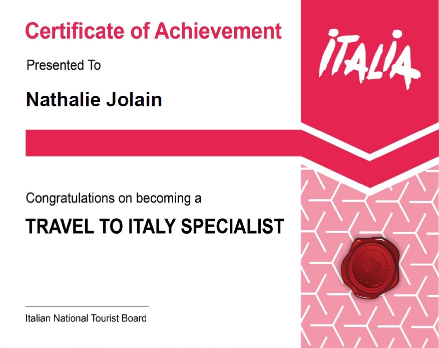 Certificate of Achievement presented to Nathalie Jolain for becoming a Travel to Italy Specialist, issued by the Italian National Tourist Board.